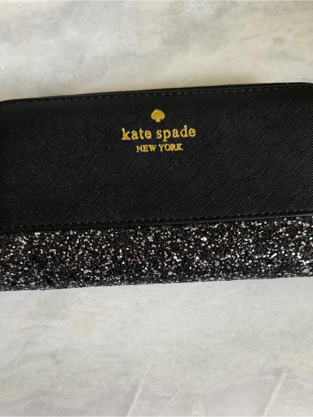 kate spade Black Glitter Zip Card Holder wallet with Gold Logo